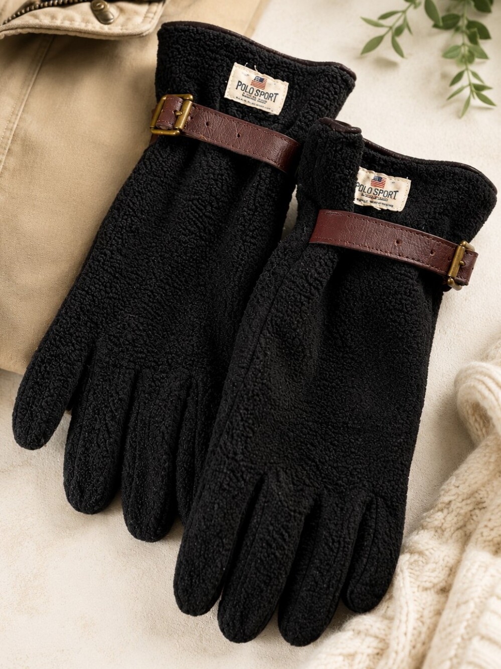 Vintage Polo Sport Ralph Lauren Fleece Gloves Leather Buckle Black Y2K